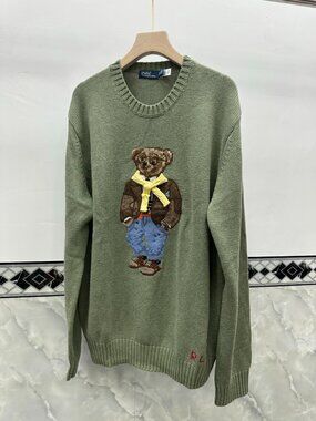 Polo Ralph Lauren Sage Green Glasses Bear Yellow Scarf Crewneck Knit Sweater